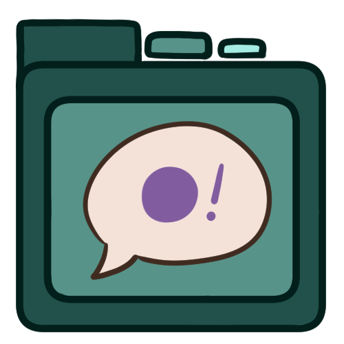 a teal file folder with a speech bubble on it, inside the speech bubble is a circle and an exclamation mark (!).
